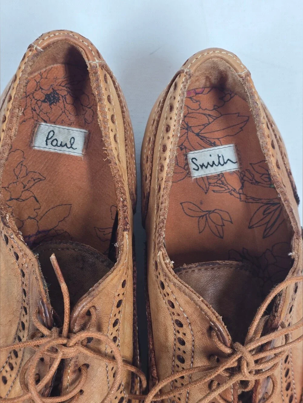 Paul Smith Leather Wingtip Brogue Oxfords Mens UK 6.5 Tan Burnished Dress Shoes